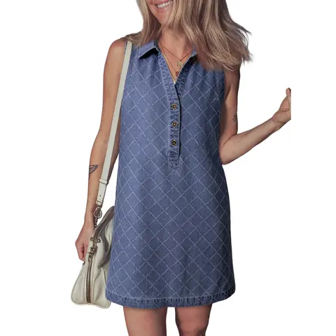 Dokotoo Denim Dress for Women Summer Casual Sleeveless V Neck Button Mini Jean Dresses with Pockets