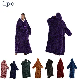 Wearable Blanket Coat with Large Apple Pockets Leopard Print, Soft Plush Robe for Adults Unisex, Warm Home & Outdoor Use, Leopard Pattern Blanket