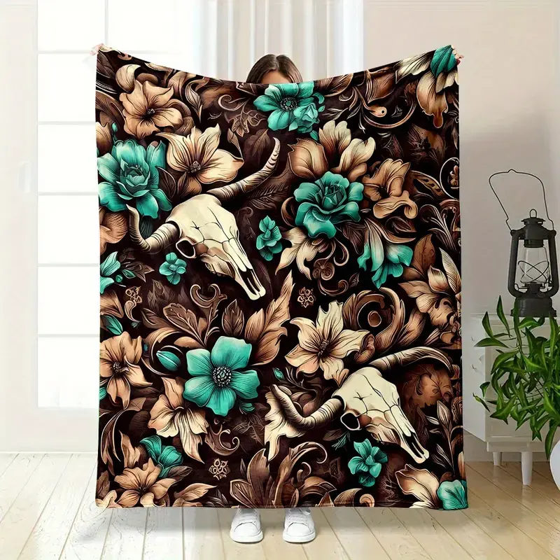 Western Bull Skull & Teal Floral Flannel Blanket, Boho Cow Skull Throw Blanket, Rustic Southwestern Turquoise Flower Blanket, Soft Cozy Country Decor Blanket