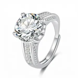 Steady Rise 5 Carat Six Prong Zircon Ring Open Adjustable Size Copper Silver Plated Simulated Diamond Engagement Ring For Women Wedding Promise Jewelry Engagement Ring