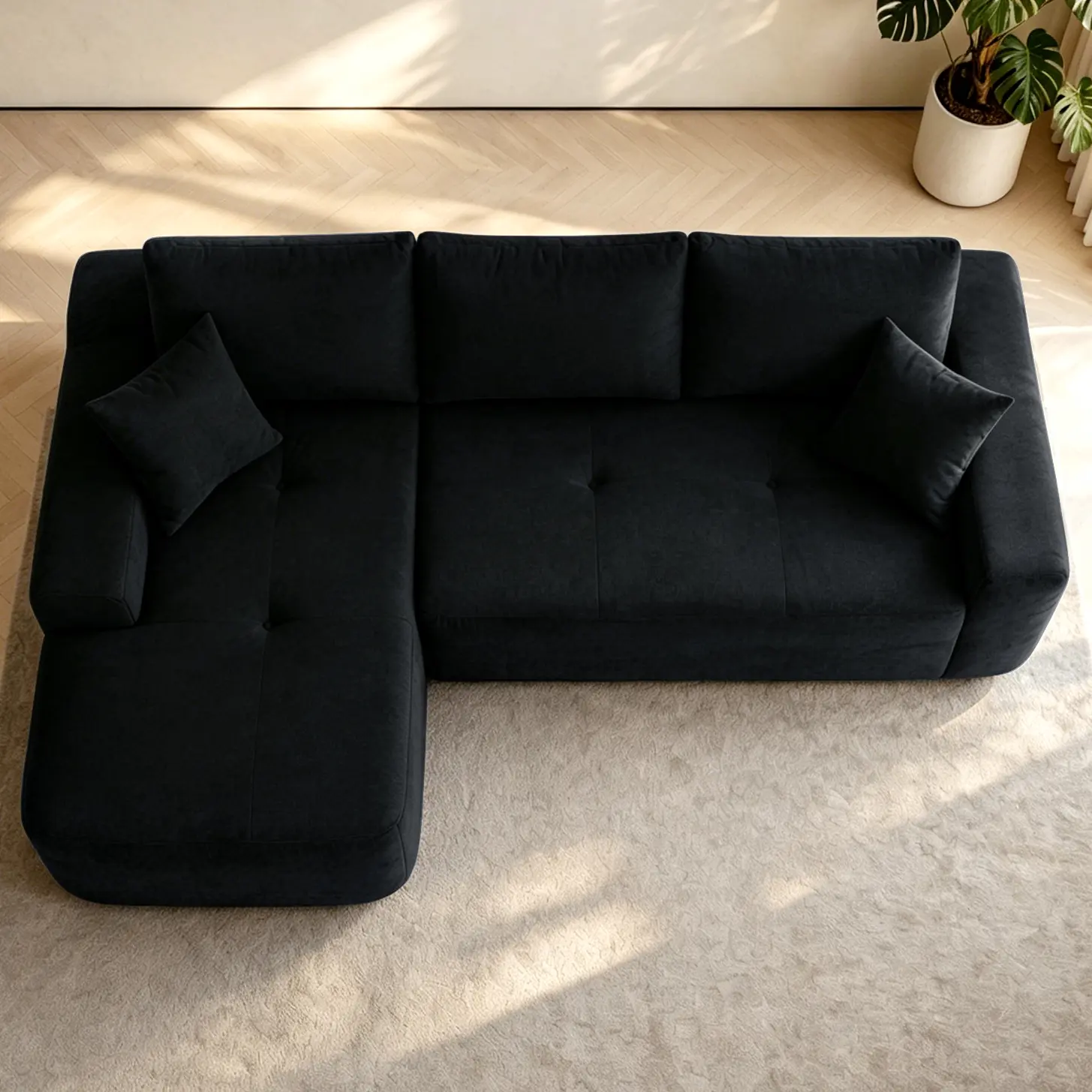 Niccae 85" Durable Cotton Linen Cord Cloud L-Shape Chaise Sectional Sofa, Deep Seat Contemporary Luxury Deep Sofas & Couches, No-Assembly Upholstered Living Room Decor Furniture (Black)