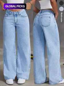 Women's Wide Leg Jeans, Casual Button-Up Denim Pants, Loose Fit with Natural Waist for Everyday Wear Bottom