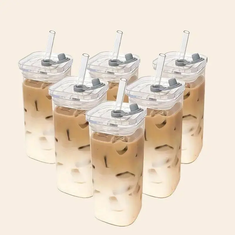 6-Pack Leak-Proof Glass Cups with Lids & Straws, High Borosilicate Rectangle Mugs, Spill-Proof for On-the-Go, Christmas Gift, Glass Tumbler, Durable Glass Cup, Drinking Glassware
