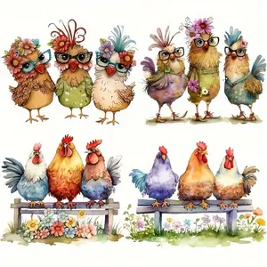 Colorful Chicken & Floral Heat Transfer Decals, 4 Counts/set Whimsical Vinyl Iron-on Patches for T-shirts, Hoodies, Jackets, Canvas Bags, and Pillows