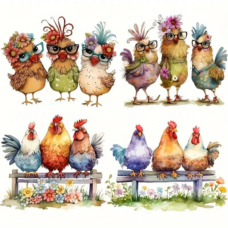 Colorful Chicken & Floral Heat Transfer Decals, 4 Counts/set Whimsical Vinyl Iron-on Patches for T-shirts, Hoodies, Jackets, Canvas Bags, and Pillows