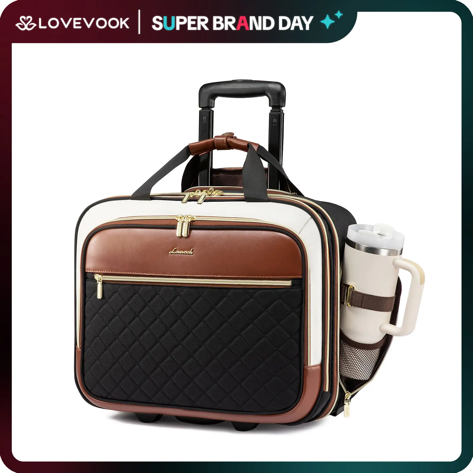 LOVEVOOK Rolling Laptop Bag Women, 17.3 Inch Laptop Briefcase with Wheels, Soft Sided Underseat Carry On Luggage Personal Item Suitcase for Work Travel Business, Black Brown TikTokShopBackToSchool TikTokShopBackToSchool