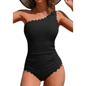 One Shoulder One Piece Swimsuit Women Ribbed Scalloped Bathing Suit Cutout 1 Piece Slimming Full Coverage Swim Suit