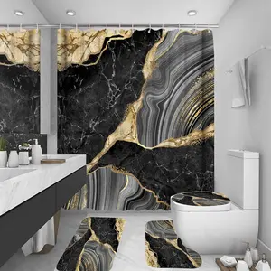 Luxury Black Marble 4-Piece Shower Curtain Set – Bathroom Decor with Bath Mat, Toilet Lid Rug & Non-Slip U-Shaped Mat, Waterproof Polyester with 12 Hooks, 72x72