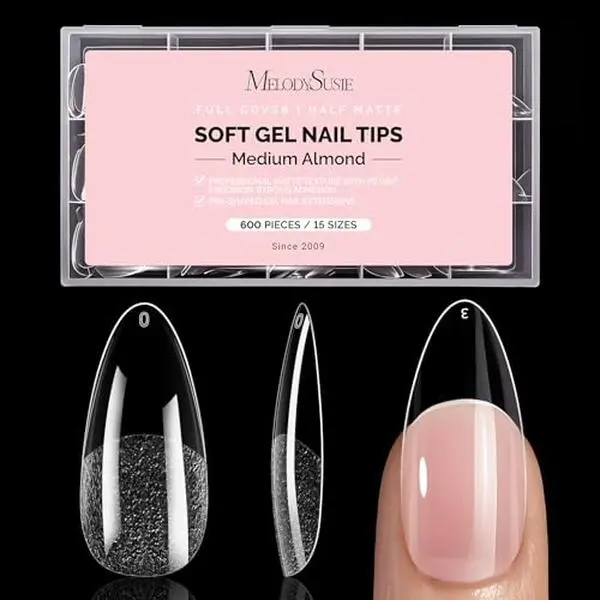 MelodySusie Medium Almond X Nail Tips - 600Pcs 15 Sizes | Clear Acrylic, Half Matte Full Cover Press on Nails for DIY Extension & Salon Use, Pre-Shaped for Long-Lasting Manicure