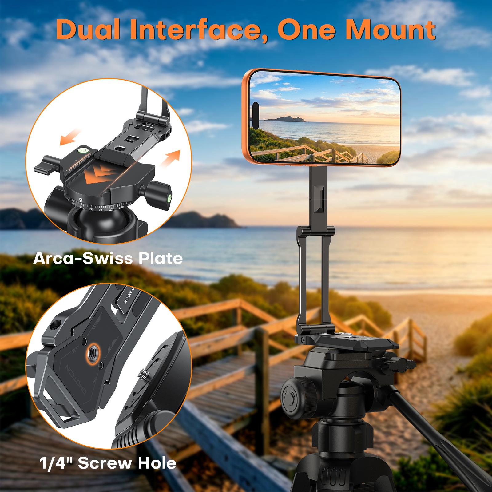 OMOTON TP06 Phone Holder for MagSafe Tripod Hook with Magnet Back & Arca-Swiss Base [Equipped Lanyard], 360°Rotating with 1/4" Screw, Magnetic Phone Tripod for iPhone 17/16 Pro Max Air Fits Vlog, Travel, Gym