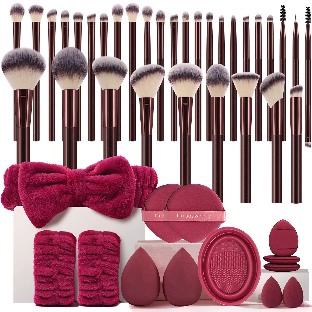 45PCS All-in-One Makeup Tools Set, 32PCS Professional Makeup Brushes, 2PCS Makeup Sponges, 2PCS Mini Makeup Sponges, 2PCS Water Droplet Air Cushion Powder Puffs, 3PCS Mini Air Cushion Puffs, Hairband, Hand Bowl Straps and Makeup Brush Cleaning Tool