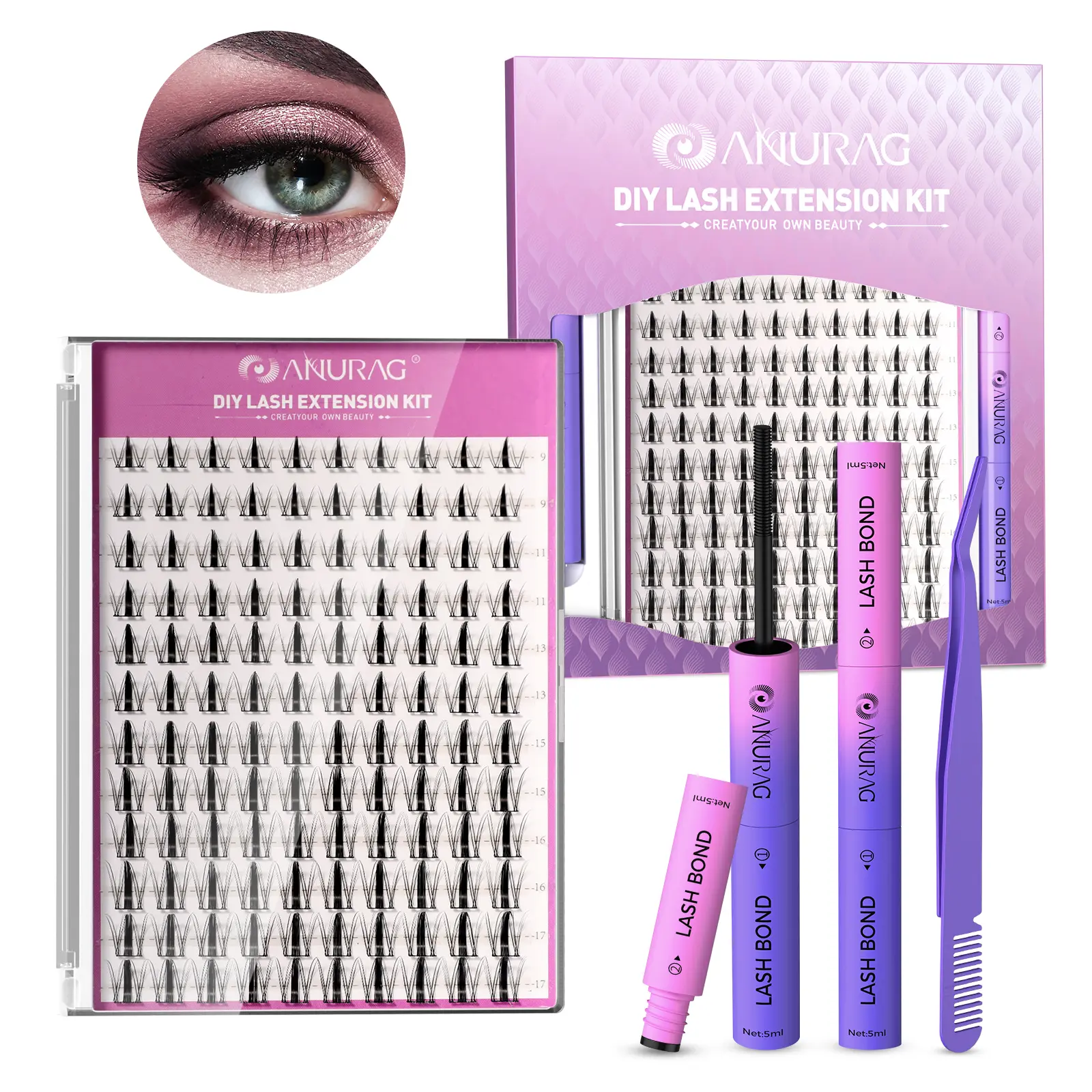 ANURAG DIY Eyelash Extensions Kit for Beginners & Adults, Christmas Makeup Tools Gift, False Eyelashes & Adhesives Set with 120 Pcs B-Curl Lash Clusters, Bond, Seal, Brush, Lightweight, Lashes On Fleek, Home Use, 120 Eyelash Clusters