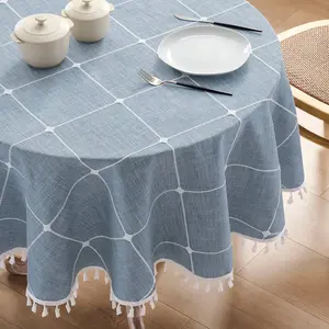 Boho Grid Table Cloth with Tassels (Blue, 60" Round), Weight Checked Embroidered Farmhouse Tablecloth, Resistant Round Dusty Blue Tablecloths