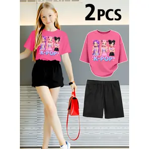 2PCS Set New Summer Girl Children's Clothing K Pop Girl Cartoon Print Short Sleeved 100% Cotton T-Shirt and Shorts 2 Pcs Set Perfect for Outdoor Perfect for Outdoor, High Waist, Casual Outfit Set, Clothes