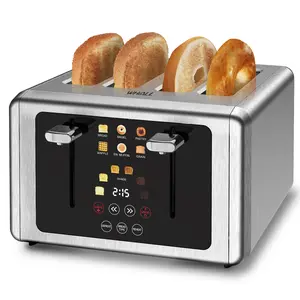 WHALL 4-Slice Stainless Steel Toaster, Touch Screen, 6 Shade Settings, Bagel/Defrost/Cancel, 1.5" Wide Slots, High Lift, Removable Crumb Tray, Silver