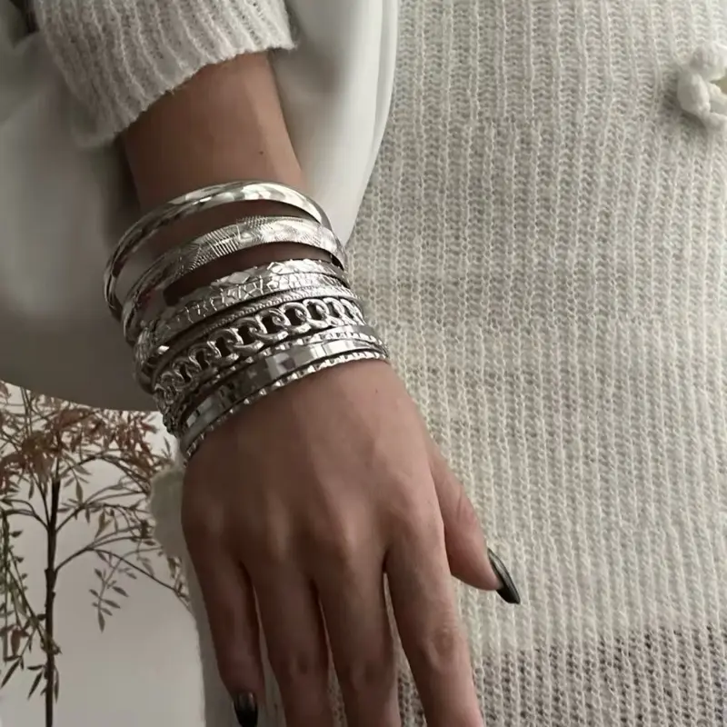 10pcs/set Punk Silver Multilayer Bracelets for Female Elegant Delicate Twist Sparkling Adjustable Bangles