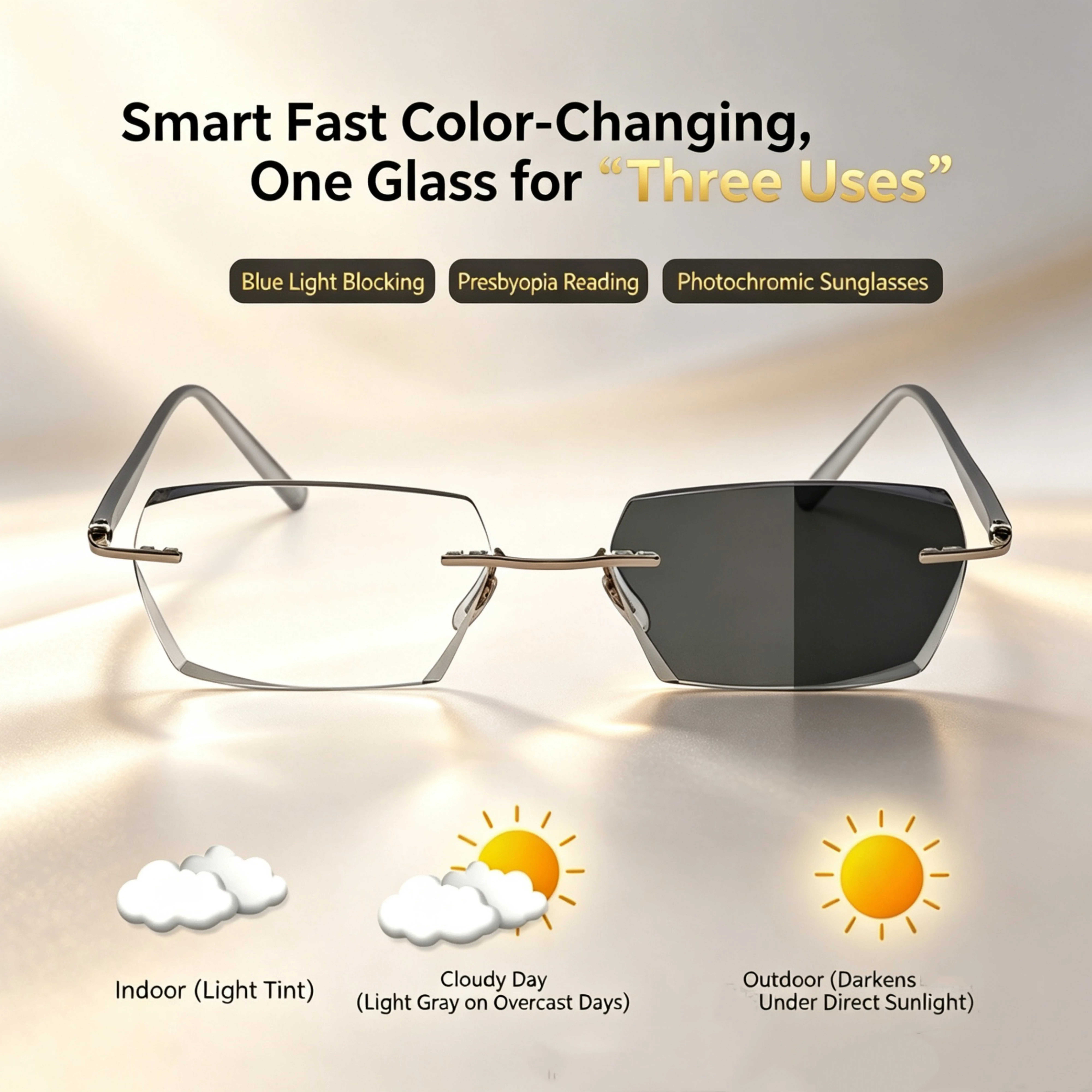 2026 New Rimless Cut Edge Photochromic Reading Glasses, Blue Light Blocking Smart Transition Eyeglasses For Men & Women