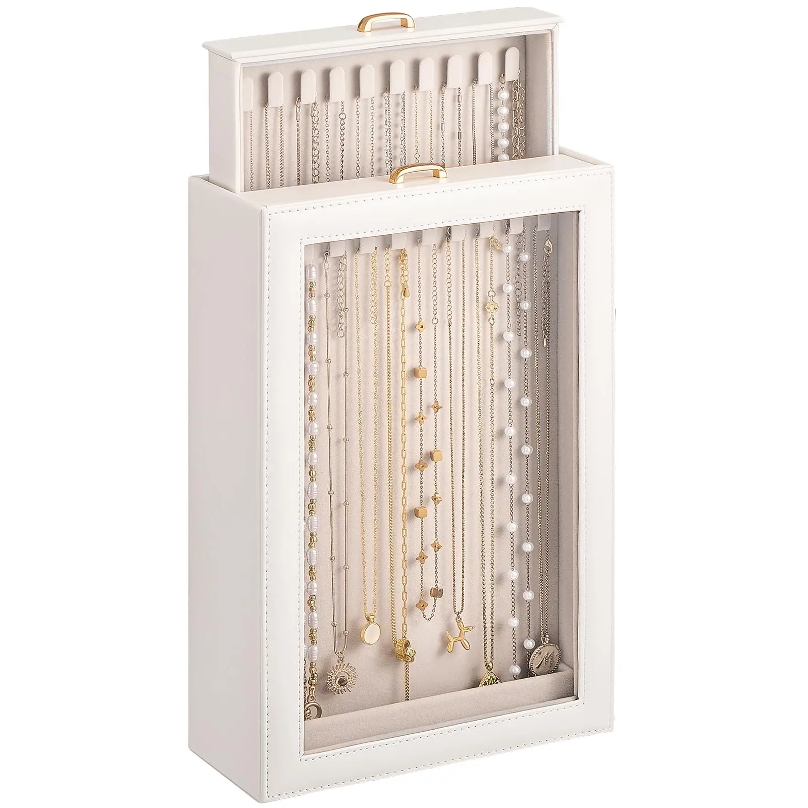 Necklace Organizer Box, Jewelry Display Case, White, 2 Layers | Tangle-Free, PU Leather, Velvet, Clear Window, for Chains Bracelets, Gift for Women Girls Daughters, Home Aesthetic Decor