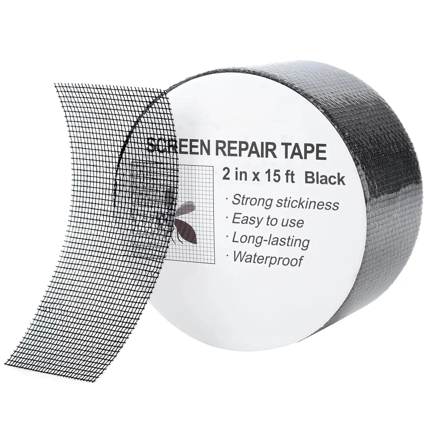 Adhesive Backed Black Window Screen Repair Butyl Tape - 2 in x 15 ft (180 in) Extra Strong Fiberglass Mesh Patch Kit, Easy to Use Strong Adhesive for Window, Door Fixes
