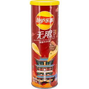 Lay's Stax Crunchy Potato Chips, Black Pepper Steak (Beef) Flavor, Savory Spicy Ambient Room Temp Snack, 90g