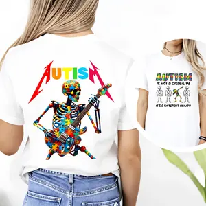 100 Cotton Autism Awareness T-Shirt With Colorful Skeleton Playing Guitar Design For Music Lovers And Autistic Community Support Perfect For Spring Summer Wear Ideal Gift For Friends Family And Advocates