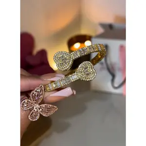 Gold Double Heart Baguette Cuff Bangle