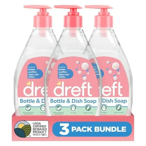 DREFT Bottle and Dish Soap | Made to Clean Baby Bottles, Sippy Cups, Pacifiers, Breast Pumps, & More | Gently Removes Milk Film & Odors | Plant Based, Fragrance Free Dish Soap | 18 Fl Oz (Pack of 3)