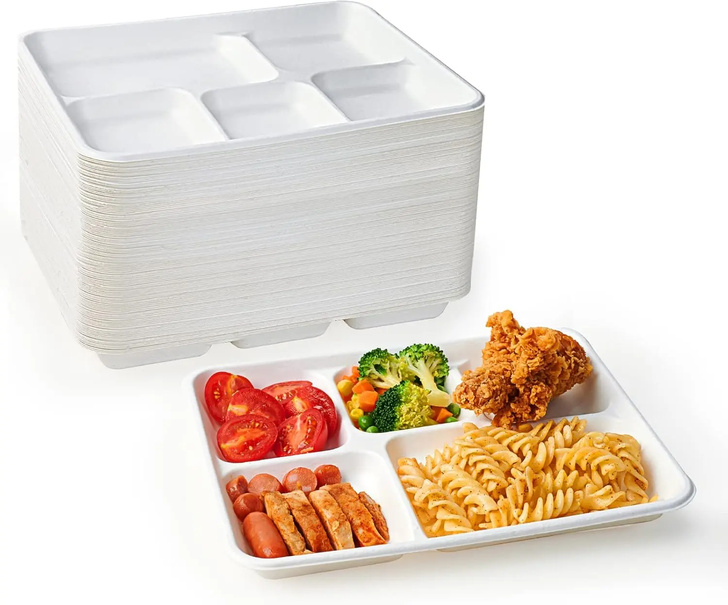 100% Compostable 5 Compartment Plates, 125 Pack Disposable Paper Plates, Heavy-Duty Biodegradable Sugarcane Plates, Eco-Friendly School Lunch Trays