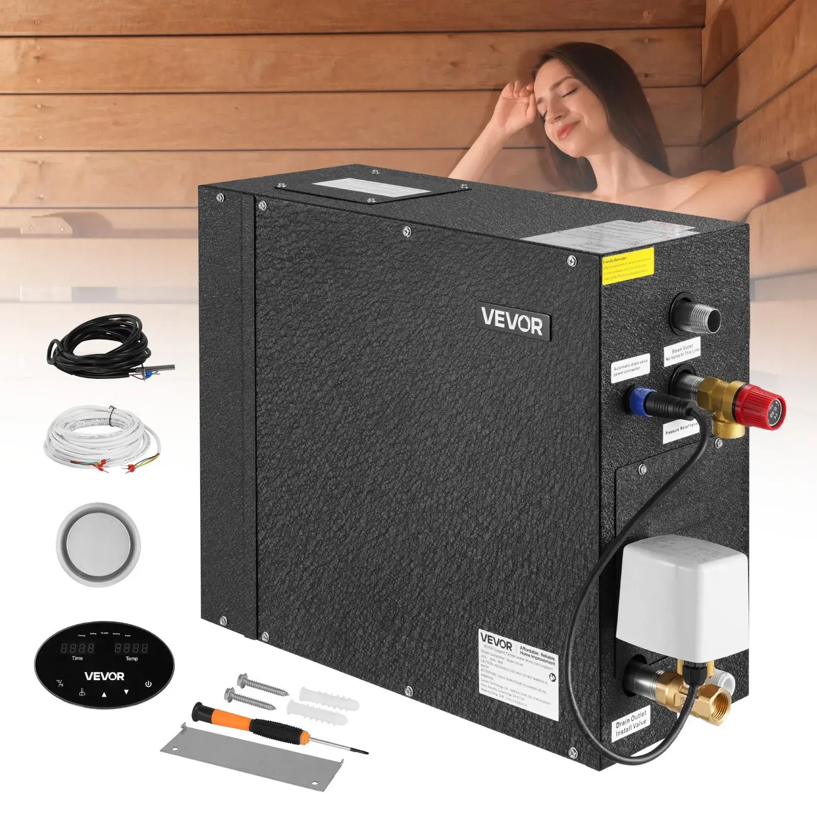 VEVOR 4 kW Carbon Steel Bathroom Steam Generator Shower System with Temp Ctrl, Auto Draining Kit, Overheat/Dry-Run/Overpressure Protection, 10 Min-24h Heating Efficiency, Black for Indoor Home Sauna Spa Use