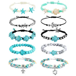FASACCO 10-Count Female Waterproof Handmade Layered Bracelet Set, Boho Fabric Beads Jewelry with Starfish, Sea Turtle, Tortoise Shell Charms, Adjustable Anklets for Women for Summer Beach Use