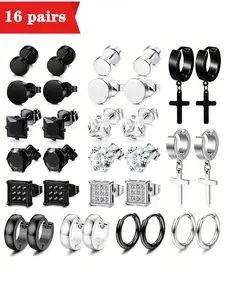 Men's Stainless Steel Earrings, Cross & Hoop Earrings, Ear Studs, Fashion Jewelry for Party, Daily Clothing Decor, Trendy All-match & Exquisite Jewelry for Birthday Gift