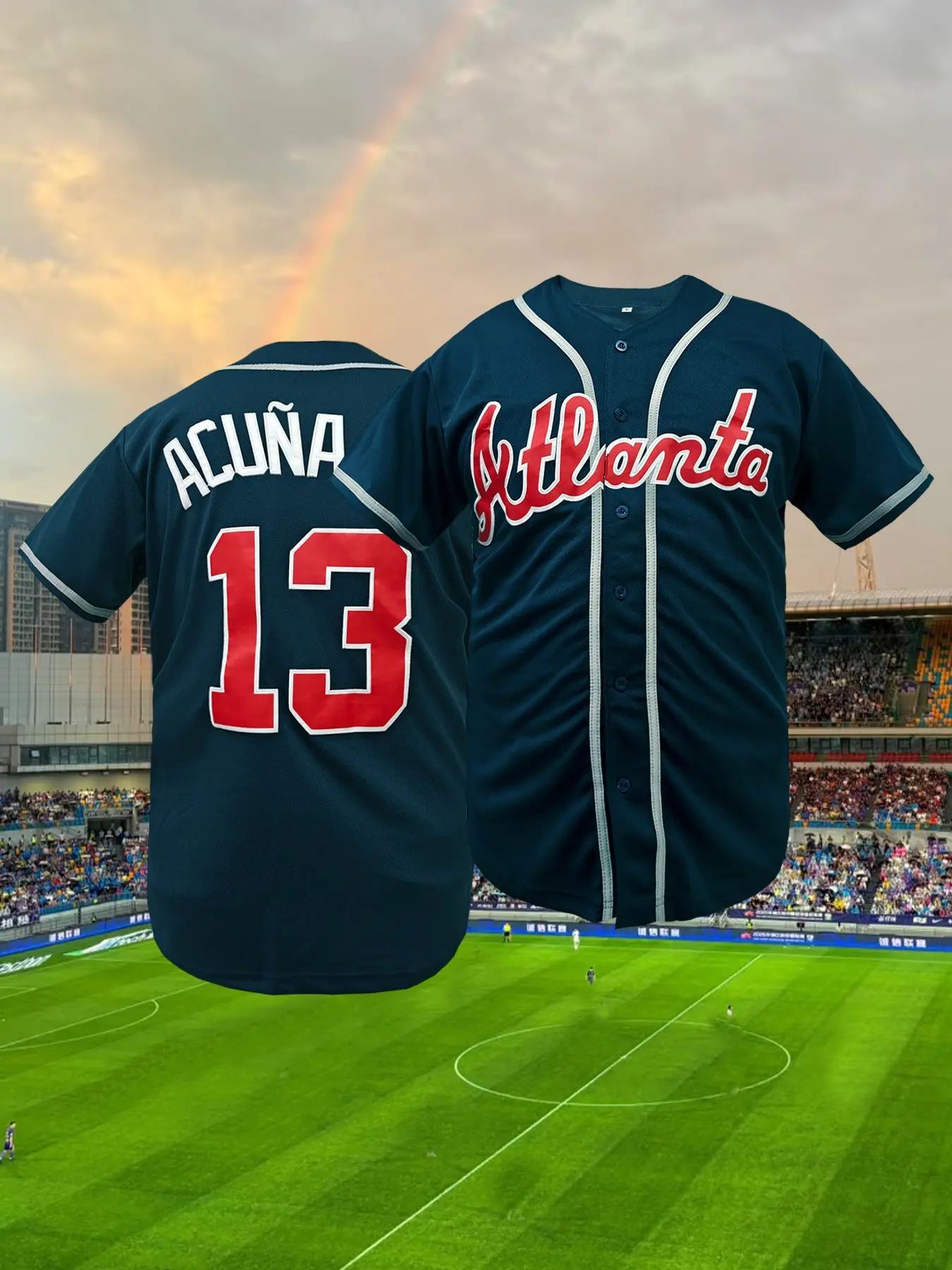 Men's Atlanta #27 Embroidered Baseball Stylish Sports Style Jersey | Stitched Letter & Number Button Down Breathable Athletic Tops Sports Top Shirt | Navy Blue Retro Athletic Tee Sports Clothing