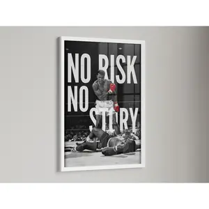 Muhammad Ali "No Risk No Story" Motivational Poster - Iconic Boxing Wall Art, Vintage Sports Print for Gym, Office & Man Cave Decor.