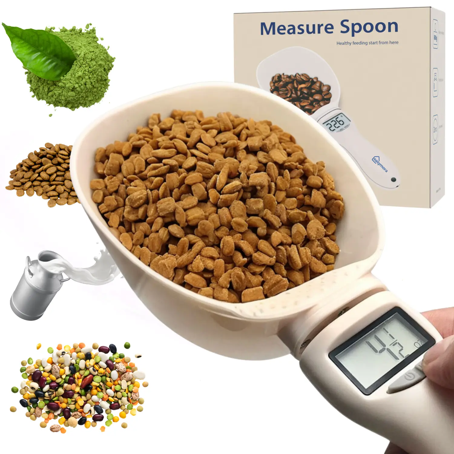 Mother Day Gift: Food Digital Measuring Spoon Scoop Scale with LCD Display, 5 Measurement Units, White Color, Accurate Kitchen Gadget for Cooking and Pet Food Cup Use