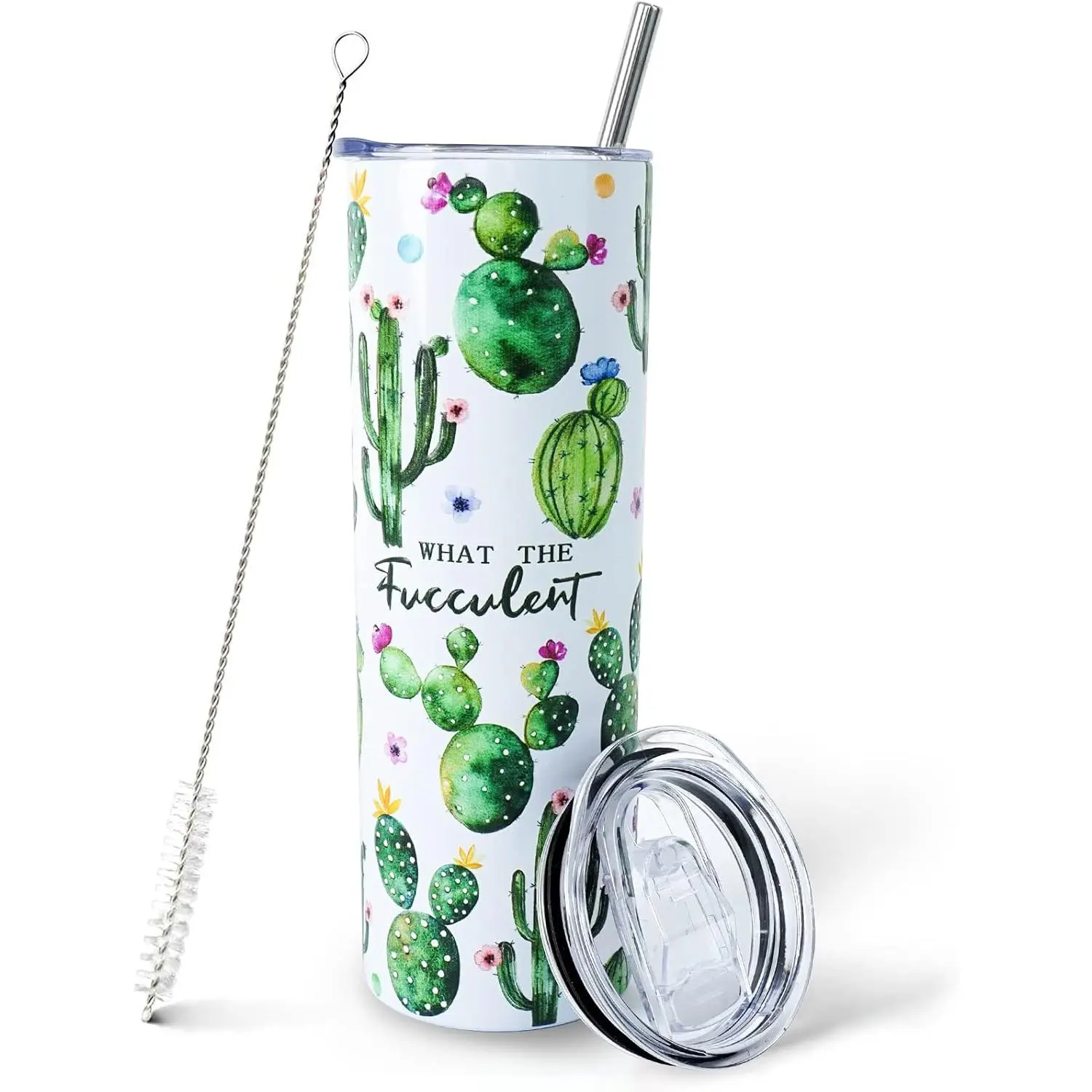 Wide-Mouth Stainless Steel Thermal Insulated Cactus-Printed Tumbler - Skinny Vacuum Flask with Metal Lid, Straw, Portable Drink Bottle, Cute Succulent Birthday Gift for Plant Lovers, Teachers, Cousins