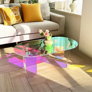 Modern Iridescent Acrylic Coffee Table Accent Table,Shatterproof & Aesthetic Sofa Side Table for Living Room Home Decor
