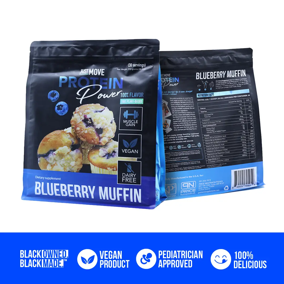 Just Move Protein - Blueberry Muffin - Vegan (Plant Based) Organic, Dairy Free, Soy Free Gluten Free, Keto, Peanut Free, 20g Protein, Low Carb, Non GM