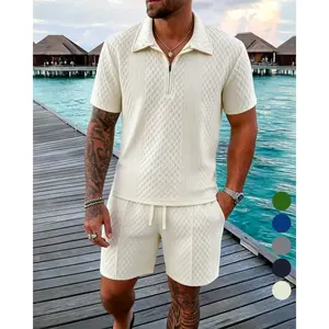 Men’s solid-color polo shirt and drawstring shorts set—a comfortable, breathable two-piece outfit suitable for everyday outdoor wear; summer menswear. Casual Fabric Top Basic Classic Gamis Tropical