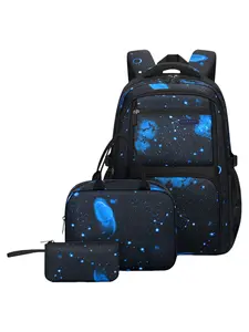 3-Piece Starry Print Kids Backpack Set, Zip Closure, Large Capacity Lightweight Boy's School Bag, Adjustable Straps, Perfect for Daily Use