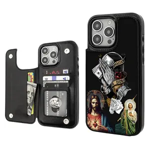 St. Jude Pattern Shockproof Phone Case For iPhone 17/16/15/14/13 Pro Max Plus High-quailty PU Black Durable Leather Credit Card Bag Holder Wallet Shockproof Anti-Drop Full Protection Phone Cases Shell 285