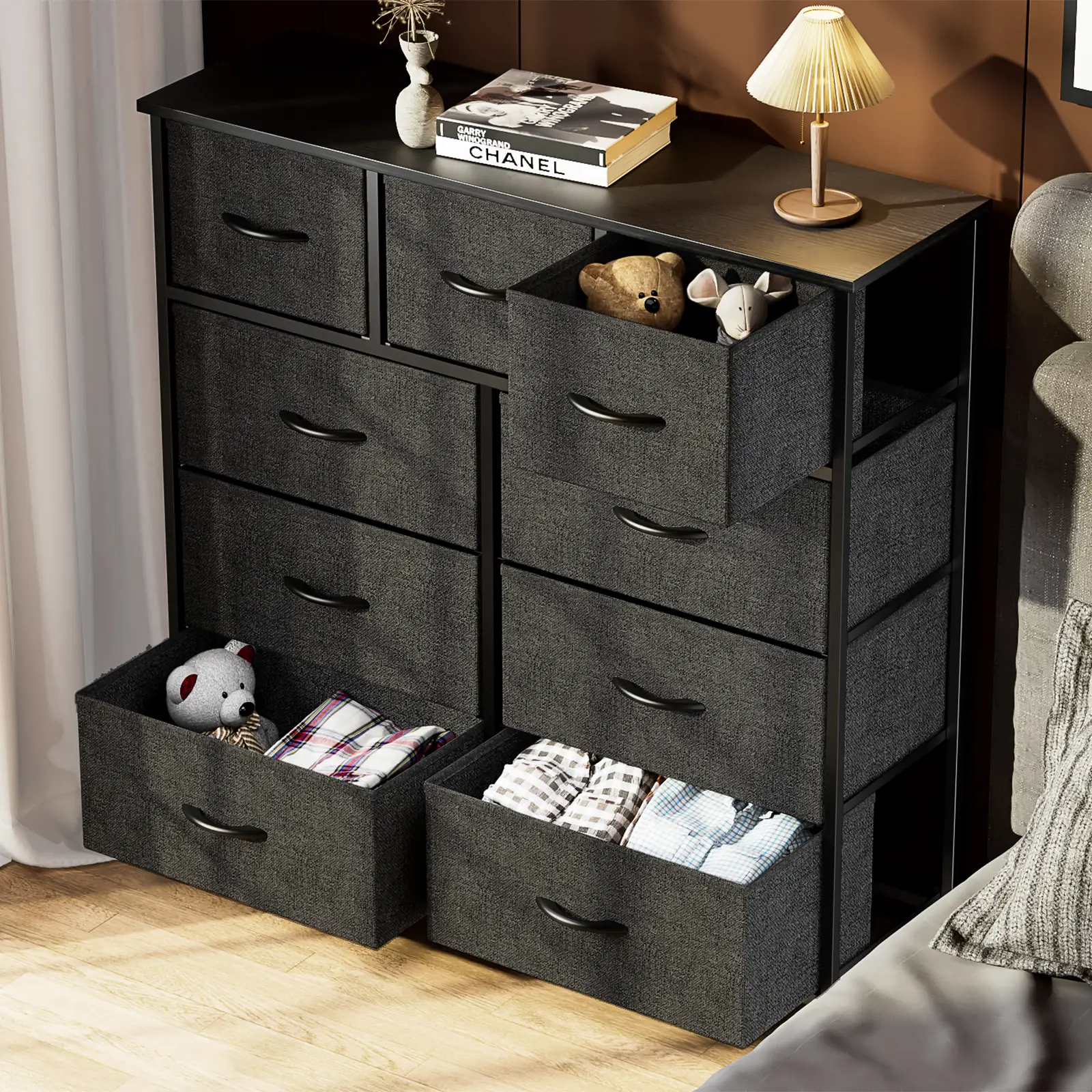 FurnishFlex Dresser, Dresser for Bedroom, Storage Drawers, Fabric Storage Tower with 9 Drawers, Chest of Drawers with Fabric Bins, Steel Frame