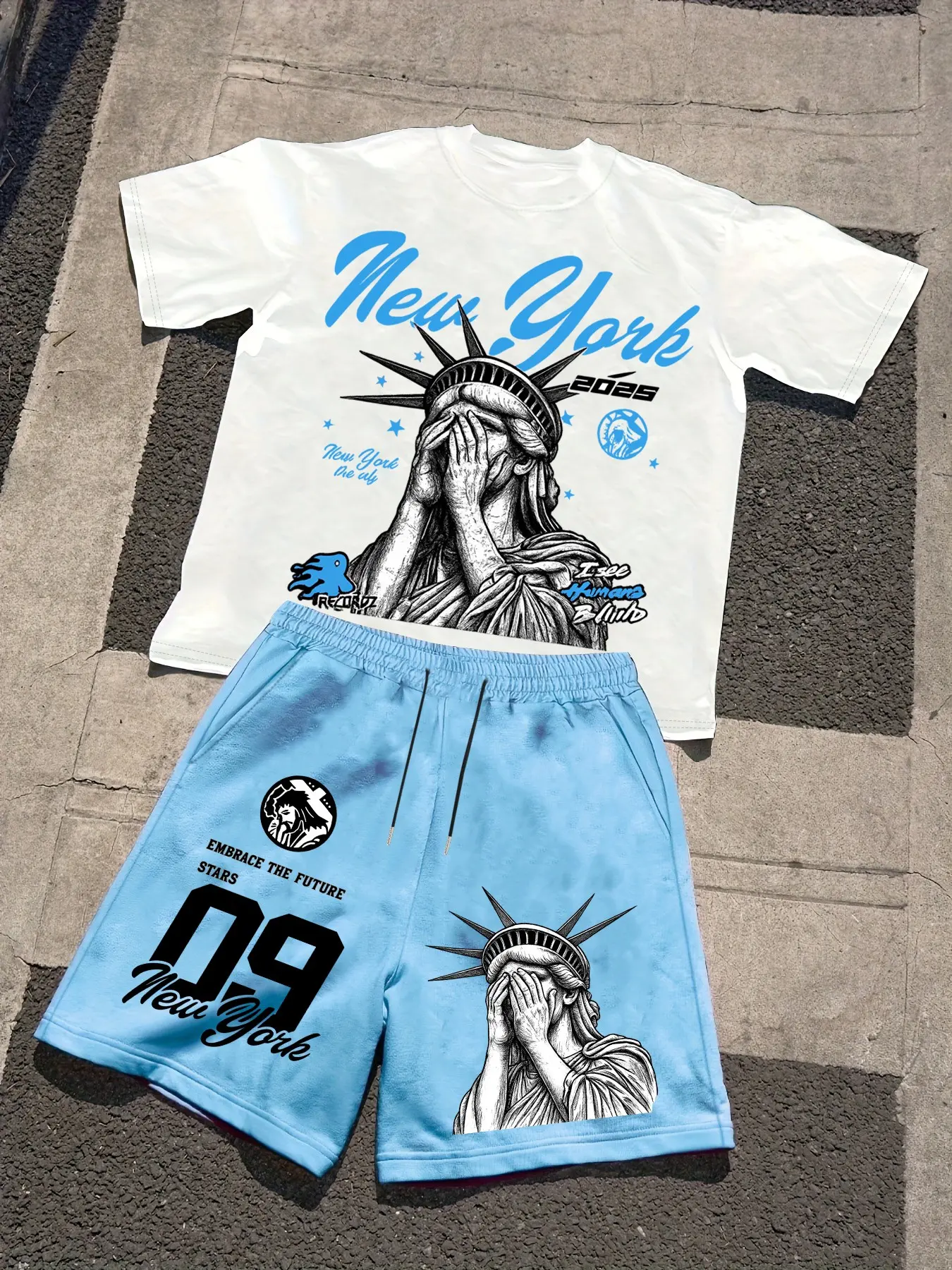 Men's 2-Piece New York Statue of Liberty Geometric Graphic T-Shirt & Shorts Set, Casual Streetwear Aesthetic