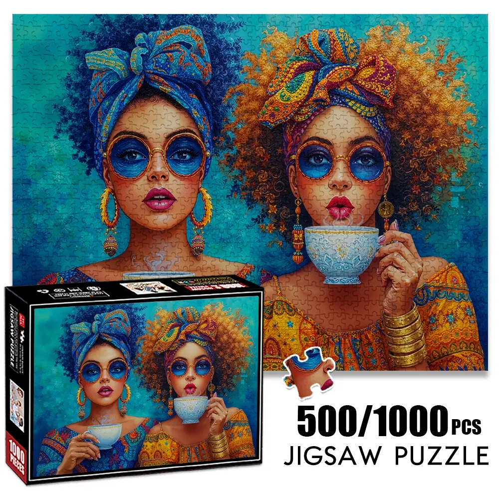 1pc 1000 piece adult Family Puzzle 70x50cm Two Women in Colorful Attire with Head-wraps, Drinking from Teacups 500 pieces paper jigsaw puzzle Puzzle Art Gift suitable for DIY creative games for adults and families, b