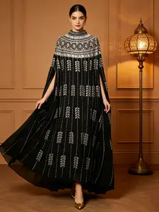 Women's Elegant Long Chiffon Abaya Dress, Embroidered Gold Bead Details, Batwing Sleeve High Neck, Kaftan for Evening Events, Wedding, Luxury Party