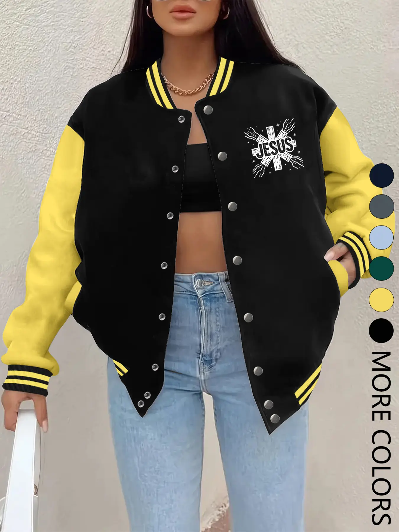 Women's Fall Winter Baseball Jacket Button, Fashion Fit Jacket, Creative Jesus Letter Cross Print, Casual Sporty Coat, Comfortable Versatile Outerwear