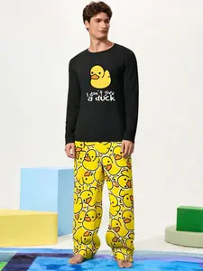 Men's Casual Loose Fit Sleepwear Set, Duck Print Top and Pants, Comfortable Nightwear, Perfect for Relaxing at Home