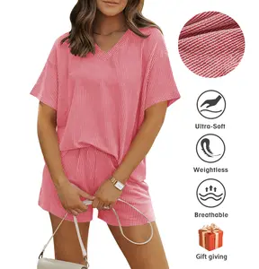Women’s Ribbed 2 Piece Lounge Set Short Sleeve Top & Shorts Matching Set for Casual Summer Outfits Soft Knit Fabric with Pockets SummerVibes Womenswear Clothes, Women's Clothes, 2 Piece Sets