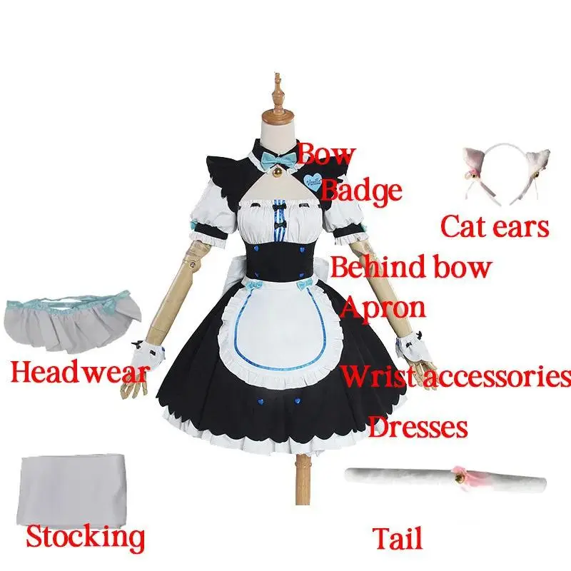 NEKOPARA Cosplay Costume Set - Women's Chocola Vanilla Maid Dress with Wig, Headband, Stocking, Apron, Bow, Cute Bows & Accessories - Cute Lolita Vanilla Costume for Halloween Party