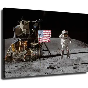 Apollo 11 Moon Landing Poster Art Print Canvas Wall Art Kitchen Living Room Classroom Bedroom Office Home Aesthetic Decoration (16x24inch Framed)