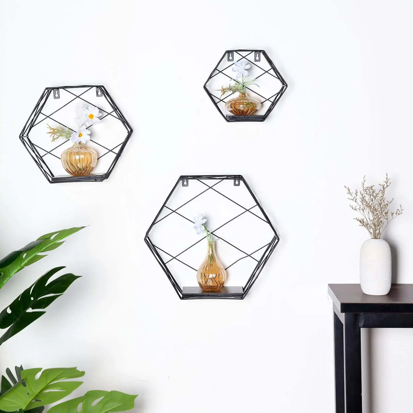 3-Pack Black Hexagonal Floating Wall Shelves - 9in,12in,14in Decorative Hexagonal Grids Wall Mounted Shelves for Room Decor, Study, TV Background
